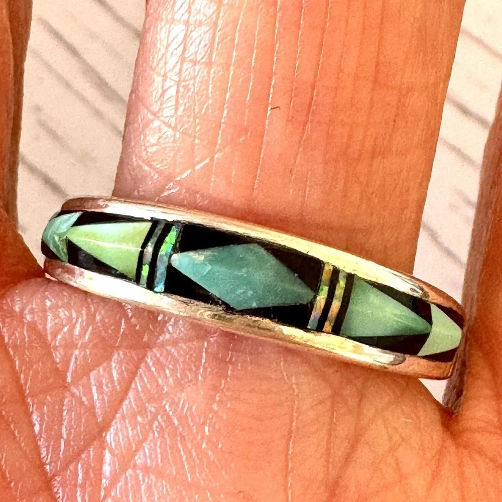 Navajo Turquoise Wedding Band Sz 8 Ring Inlay 6mm Opal‎ Multi Stone Mens Signed